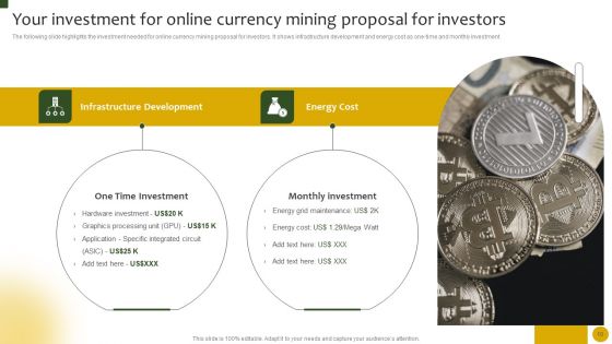 Online Currency Mining Proposal For Investors Ppt PowerPoint Presentation Complete Deck With Slides