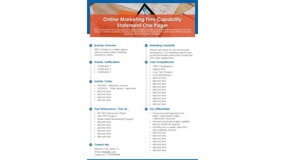 Online Marketing Firm Capability Statement One Pager PDF Document PPT Template Online Marketing Firm Capability Statement One Pager PDF Document PPT Template