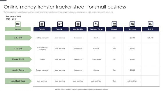 Online Money Transfer Tracker Sheet For Small Business Ppt Layouts Model PDF