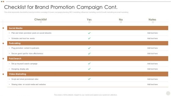 Online Promotional Techniques To Increase Checklist For Brand Promotion Campaign Cont Brochure PDF