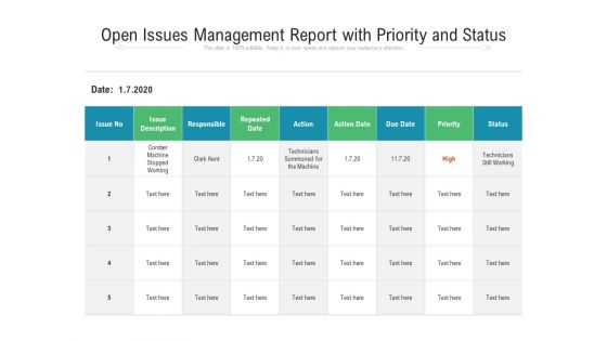 Open Issues Management Report With Priority And Status Ppt PowerPoint Presentation File Formats PDF