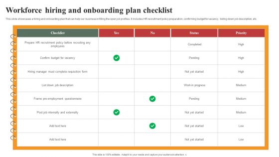 Optimizing Human Capital Alignment Workforce Hiring And Onboarding Plan Checklist Wd Elements PDF