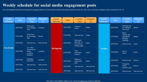 Optimizing Social Networks Weekly Schedule For Social Media Engagement Posts Designs PDF