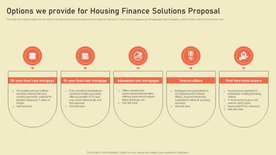 Options We Provide For Housing Finance Solutions Proposal Ppt Inspiration Show PDF