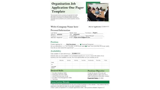 Organisation Job Application One Pager Template PDF Document PPT Template