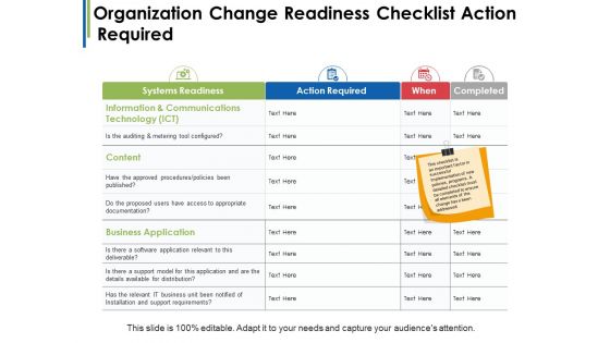 Organization Change Readiness Checklist Action Required Ppt PowerPoint Presentation Pictures Samples
