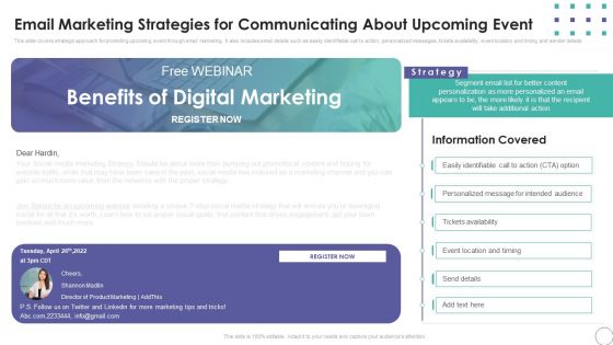 Organization Event Strategic Communication Plan Email Marketing Strategies For Communicating About Upcoming Event Ideas PDF