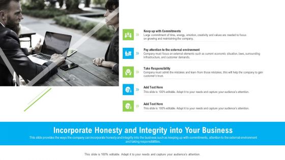 Organizational Culture Incorporate Honesty And Integrity Into Your Business Ppt File Format PDF