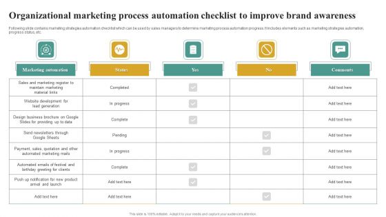 Organizational Marketing Process Automation Checklist To Improve Brand Awareness Clipart PDF