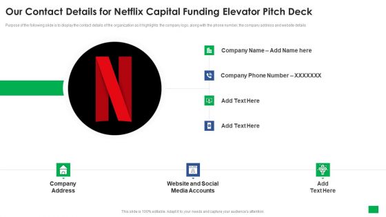 Our Contact Details For Netflix Capital Funding Elevator Pitch Deck Designs PDF Our Contact Details For Netflix Capital Funding Elevator Pitch Deck Designs PDF