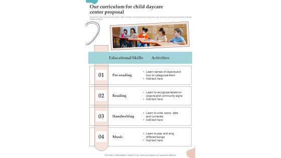 Our Curriculum For Child Daycare Center Proposal One Pager Sample Example Document
