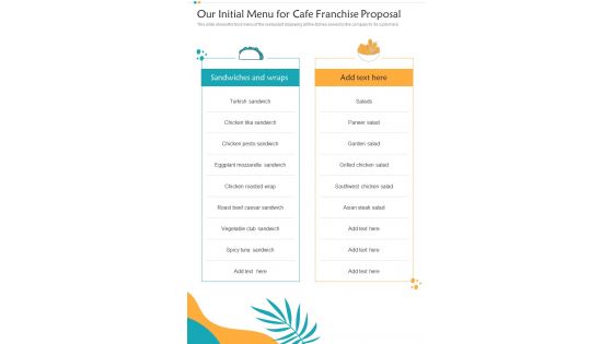 Our Initial Menu For Cafe Franchise Proposal One Pager Sample Example Document