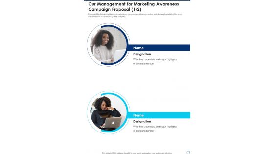 Our Management For Marketing Awareness Campaign Proposal One Pager Sample Example Document