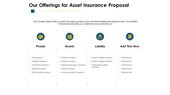 Our Offerings For Asset Insurance Proposal Ppt PowerPoint Presentation Ideas Picture