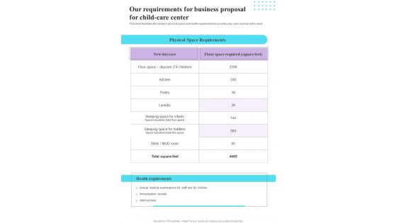 Our Requirements For Business Proposal For Child Care Center One Pager Sample Example Document