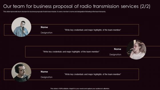 Our Team For Business Proposal Of Radio Transmission Services Themes PDF