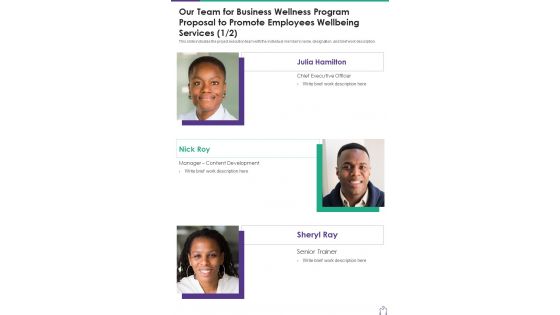 Our Team For Business Wellness Program Proposal To Promote One Pager Sample Example Document