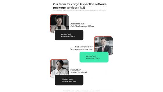 Our Team For Cargo Inspection Software Package Services One Pager Sample Example Document