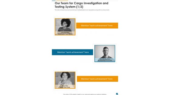 Our Team For Cargo Investigation And Testing System One Pager Sample Example Document