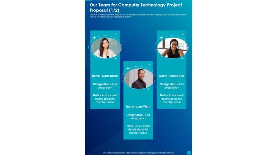 Our Team For Computer Technology Project Proposal One Pager Sample Example Document