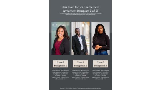 Our Team For Loan Settlement Agreement One Pager Sample Example Document