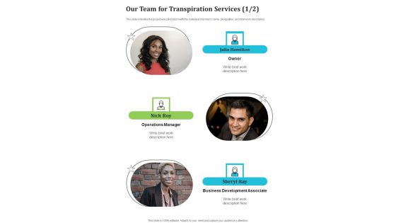 Our Team For Transpiration Services One Pager Sample Example Document Our Team For Transpiration Services One Pager Sample Example Document