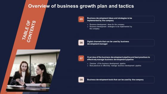 Overview Of Business Growth Plan And Tactics Tables Of Content Infographics PDF