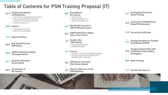 PSM Training Proposal IT Table Of Contents For PSM Training Proposal IT Inspiration PDF