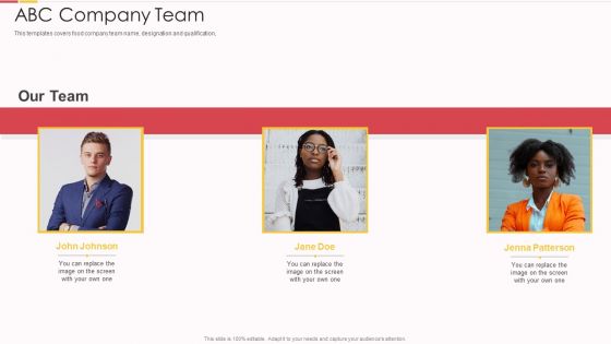 Packed Food Investor Funding Abc Company Team Ppt Professional Layout PDF