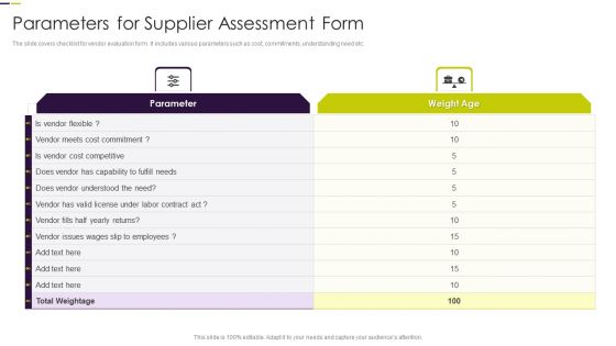 Parameters For Supplier Assessment Form Structure PDF
