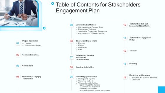 Partner Strategy Initiative Table Of Contents For Stakeholders Engagement Plan Icons PDF