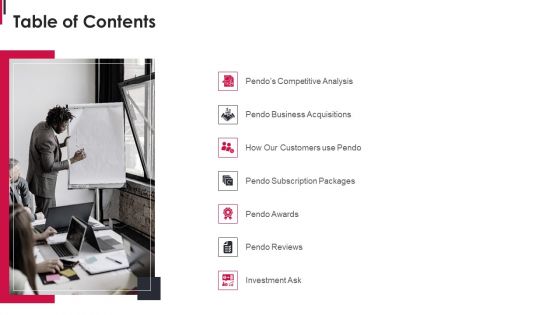Pendo Capital Funding Elevator Pitch Deck Table Of Contents Cont Slides PDF