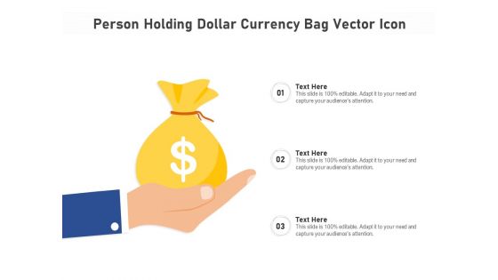Person Holding Dollar Currency Bag Vector Icon Ppt PowerPoint Presentation File Portrait PDF
