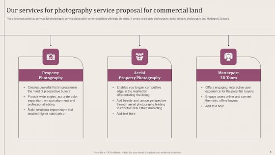 Photography Service Proposal For Commercial Land Ppt PowerPoint Presentation Complete Deck With Slides