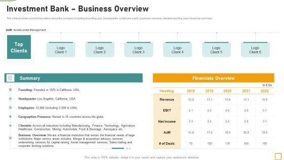 Pitch Book For Investor Funding Contract Investment Bank Business Overview Guidelines PDF