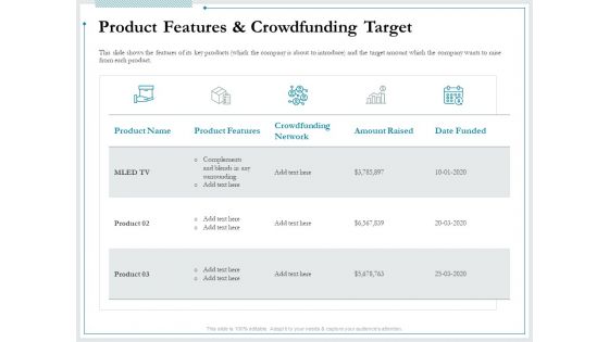 Pitch Deck For Raising Funds From Product Crowdsourcing Product Features And Crowdfunding Target Rules PDF