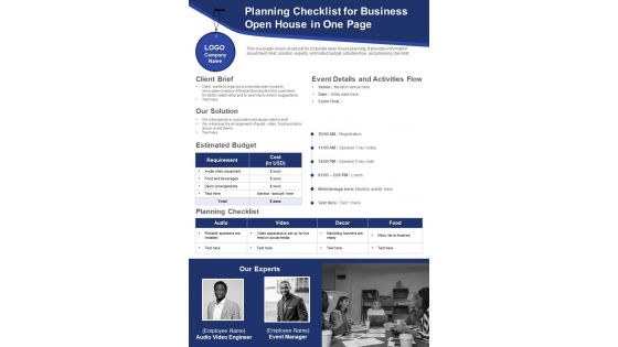 Planning Checklist For Business Open House In One Page PDF Document PPT Template Planning Checklist For Business Open House In One Page PDF Document PPT Template