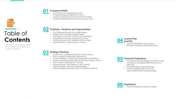 Planning Logistic Technique Superior Supply Chain Execution Table Of Contents Icons PDF