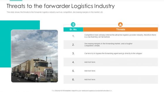 Planning Logistic Technique Superior Supply Chain Execution Threats To The Forwarder Logistics Industry Pictures PDF