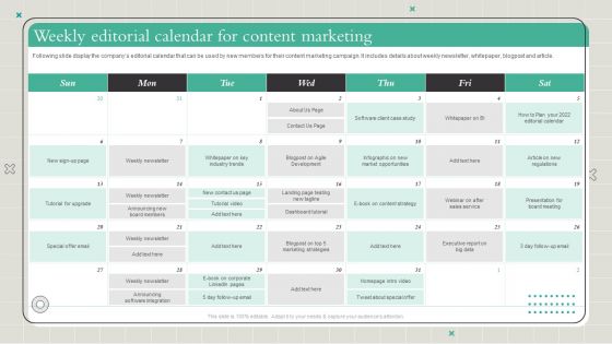 Playbook To Formulate Efficient Weekly Editorial Calendar For Content Marketing Rules PDF