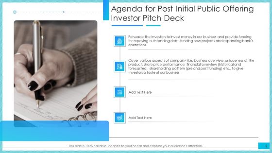 Post Initial Public Offering Investor Pitch Deck Ppt PowerPoint Presentation Complete Deck With Slides