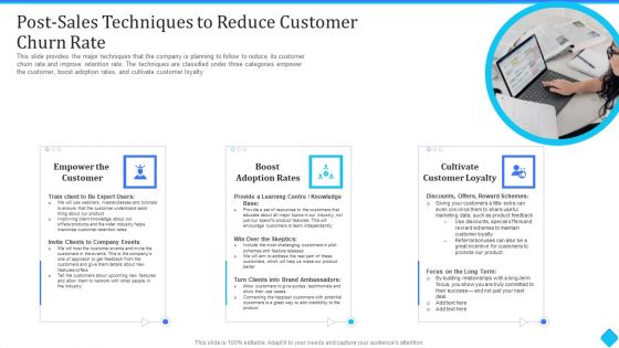 Post Sales Techniques To Reduce Customer Churn Rate Ppt Icon Graphic Images PDF