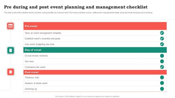 Pre During And Post Event Planning And Management Checklist Template PDF