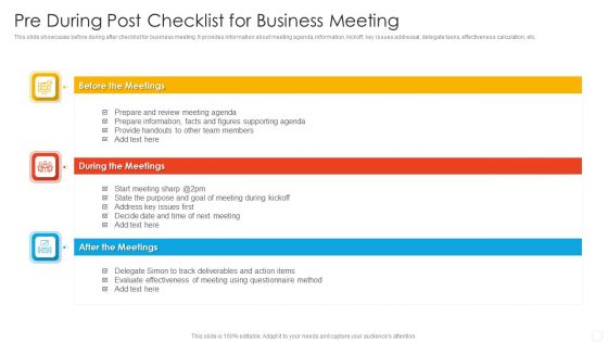 Pre During Post Checklist For Business Meeting Elements PDF
