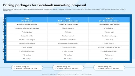 Pricing Packages For Facebook Marketing Proposal Ppt Layouts Ideas PDF