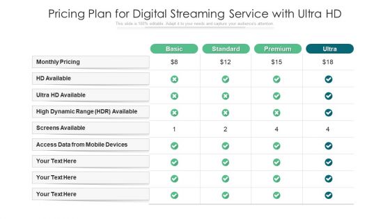 Pricing Plan For Digital Streaming Service With Ultra HD Ppt Infographic Template Examples PDF