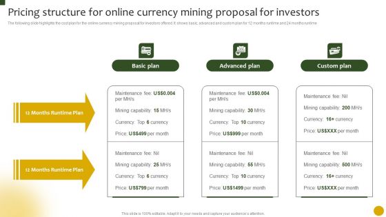 Pricing Structure For Online Currency Mining Proposal For Investors Ppt File Vector PDF