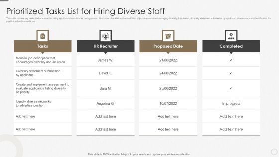 Prioritized Tasks List For Hiring Diverse Staff Ppt Styles Elements PDF