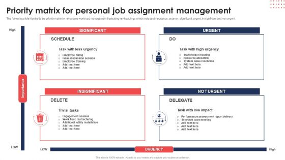 Priority Matrix For Personal Job Assignment Management Ppt Pictures Topics PDF