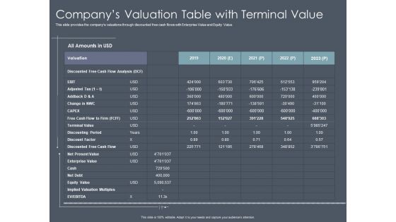 Private Equity Fund Pitch Deck To Raise Series C Funding Companys Valuation Table With Terminal Value Graphics PDF